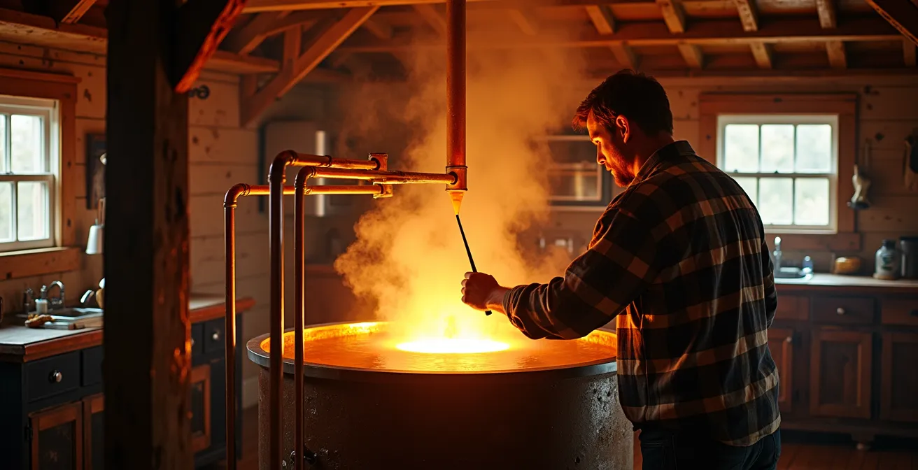Intérieur chaleureux d'une cabane à sucre québécoise avec évaporateur traditionnel fumant et table de bois garnie
