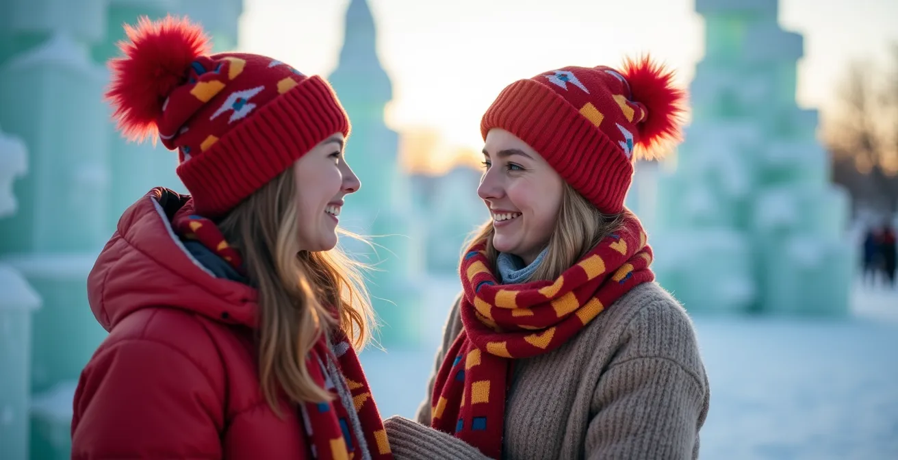 Scène hivernale du Carnaval de Québec avec sculptures de glace et participants en ceinture fléchée