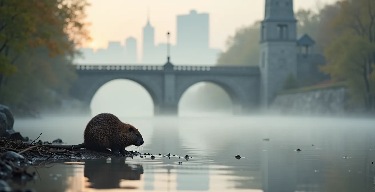 Un castor près d'une rivière avec le vieux Montréal en arrière-plan flou