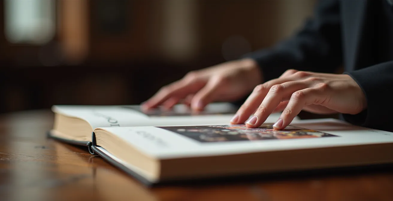 Gros plan sur des mains feuilletant un catalogue d'exposition d'art sur une table de musée