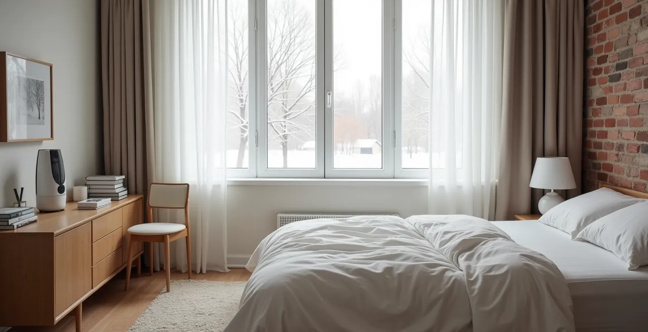 Chambre épurée avec humidificateur discret et lumière douce d'hiver filtrant par la fenêtre