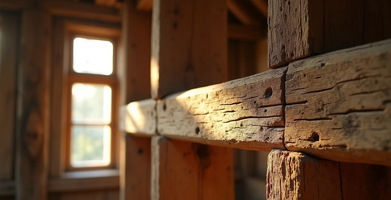Détail de charpente traditionnelle en bois massif avec assemblage tenons et mortaises