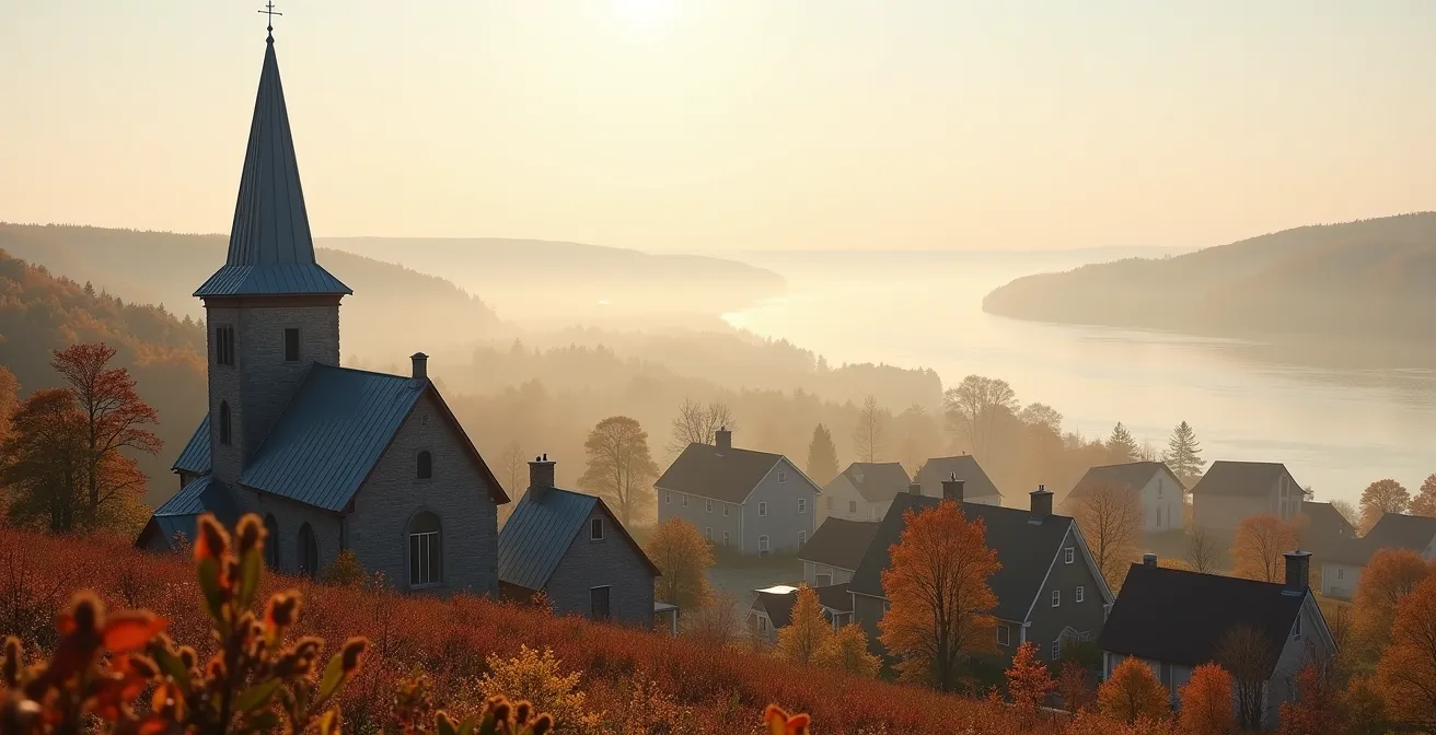 Clocher d'église traditionnelle dominant le paysage rural du Saint-Laurent