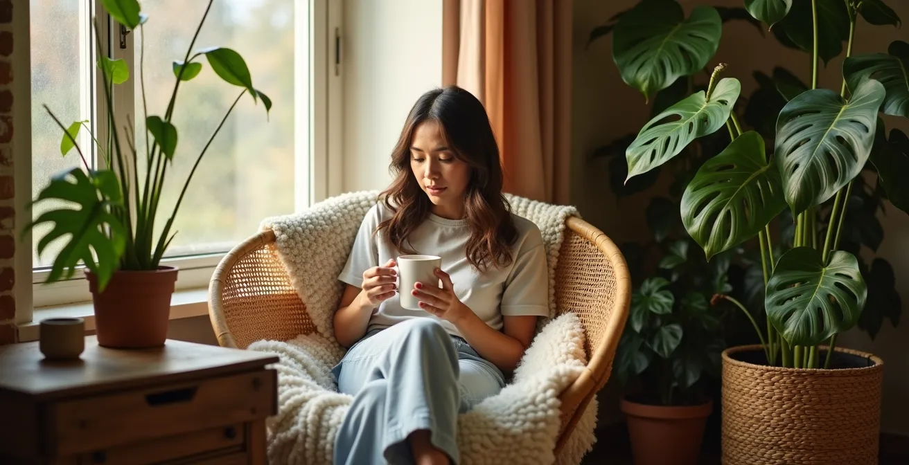 Coin détente avec fauteuil en rotin, plaid de laine, plantes vertes et bois naturel