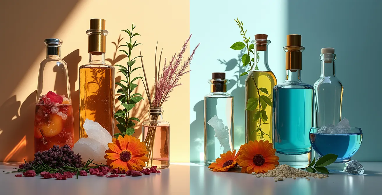 Contraste visuel entre ingrédients naturels et synthétiques cosmétiques