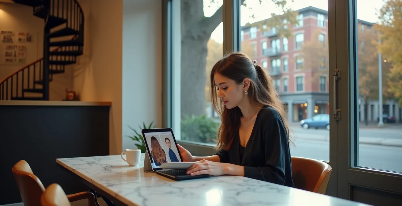 Femme préparant des photos d'inspiration sur tablette dans un café montréalais avant son rendez-vous coiffeur
