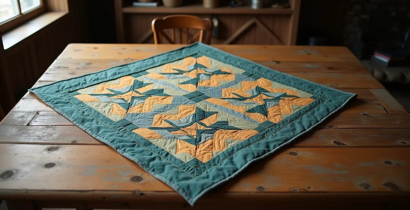 Vue aérienne minimaliste d'une courtepointe traditionnelle québécoise étalée sur une table en bois ancien