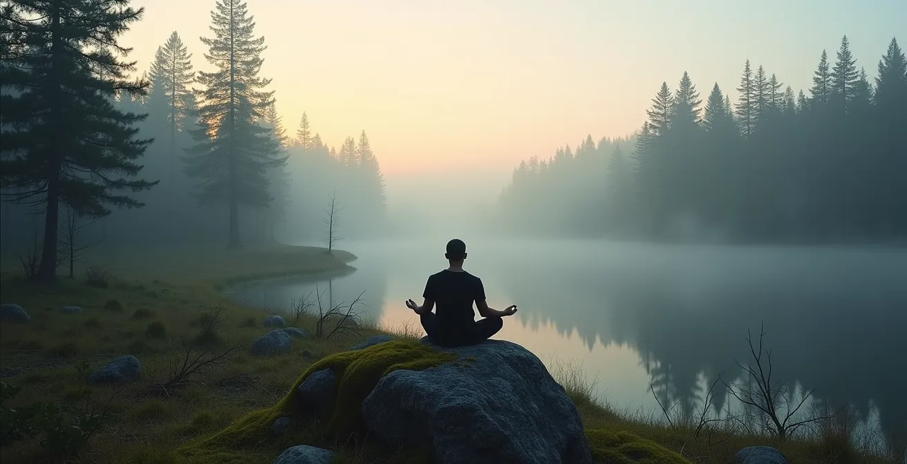 Vue panoramique d'une forêt boréale canadienne avec une personne méditant au premier plan