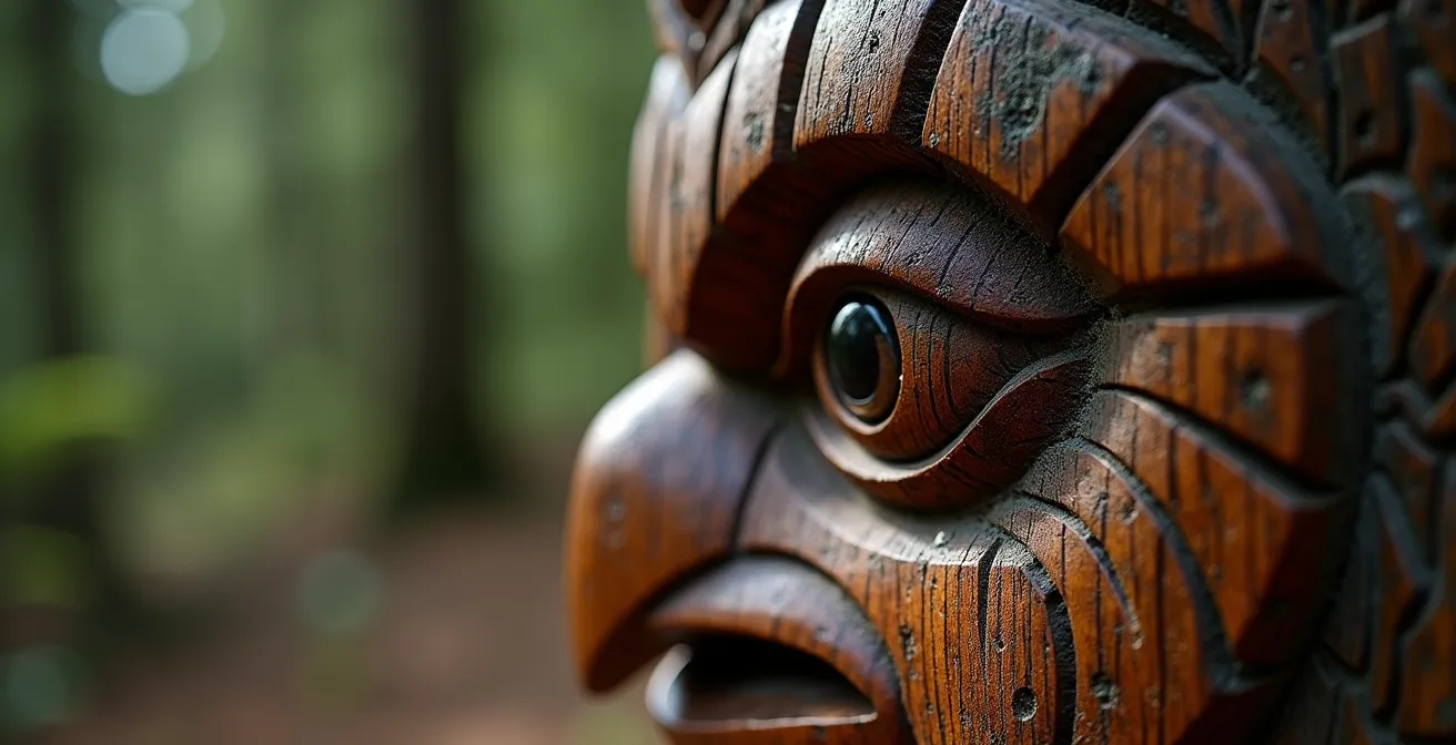 Gros plan macro sur un détail sculpté d'un totem haïda montrant un œil d'aigle avec des motifs traditionnels