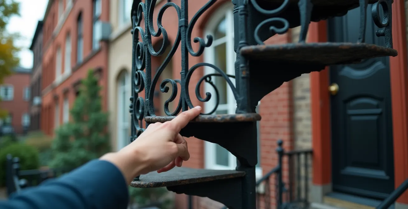 Vue rapprochée d'un escalier en fer forgé typique de Montréal avec ses courbes caractéristiques et ses motifs décoratifs