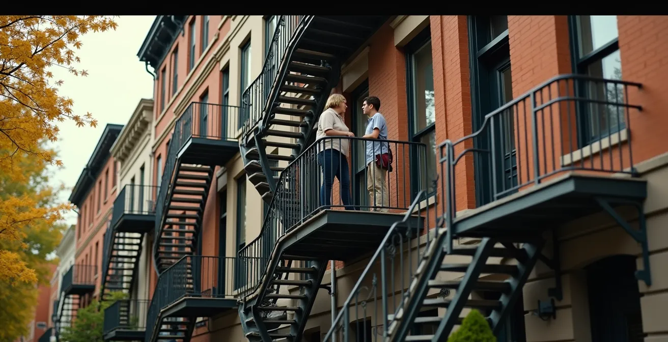 Escaliers extérieurs colorés typiques du Plateau Mont-Royal avec voisins en discussion