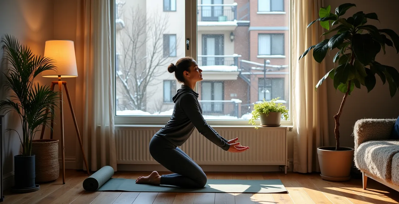 Intérieur montréalais aménagé avec coin yoga et lampe de luminothérapie près d'une fenêtre donnant sur la neige