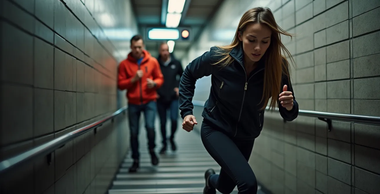 Personne montant rapidement les escaliers d'une station de métro montréalaise, illustrant l'exercice intégré au quotidien