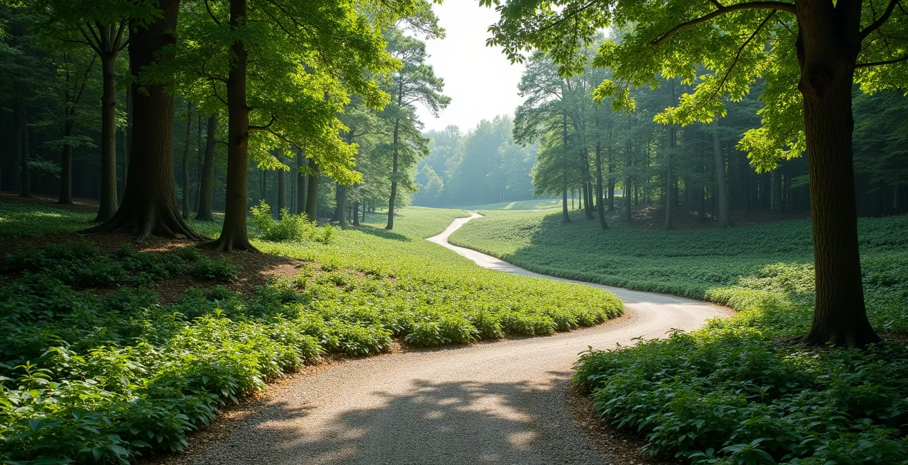 Design paysager d'Olmsted avec sentiers sinueux et végétation étagée