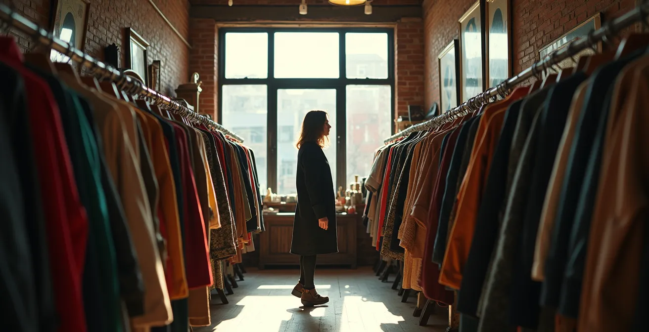 Intérieur coloré d'une friperie vintage montréalaise avec vêtements suspendus et lumière naturelle