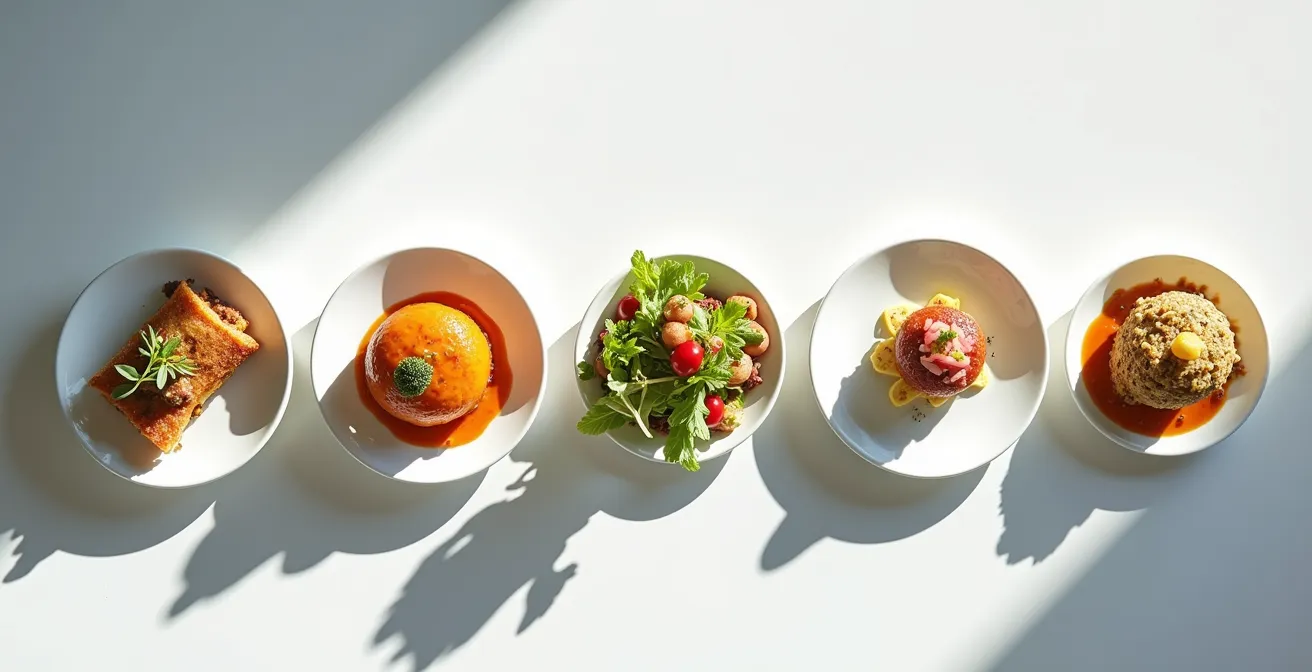 Composition minimaliste d'assiettes représentant les fusions culinaires canadiennes sur table épurée