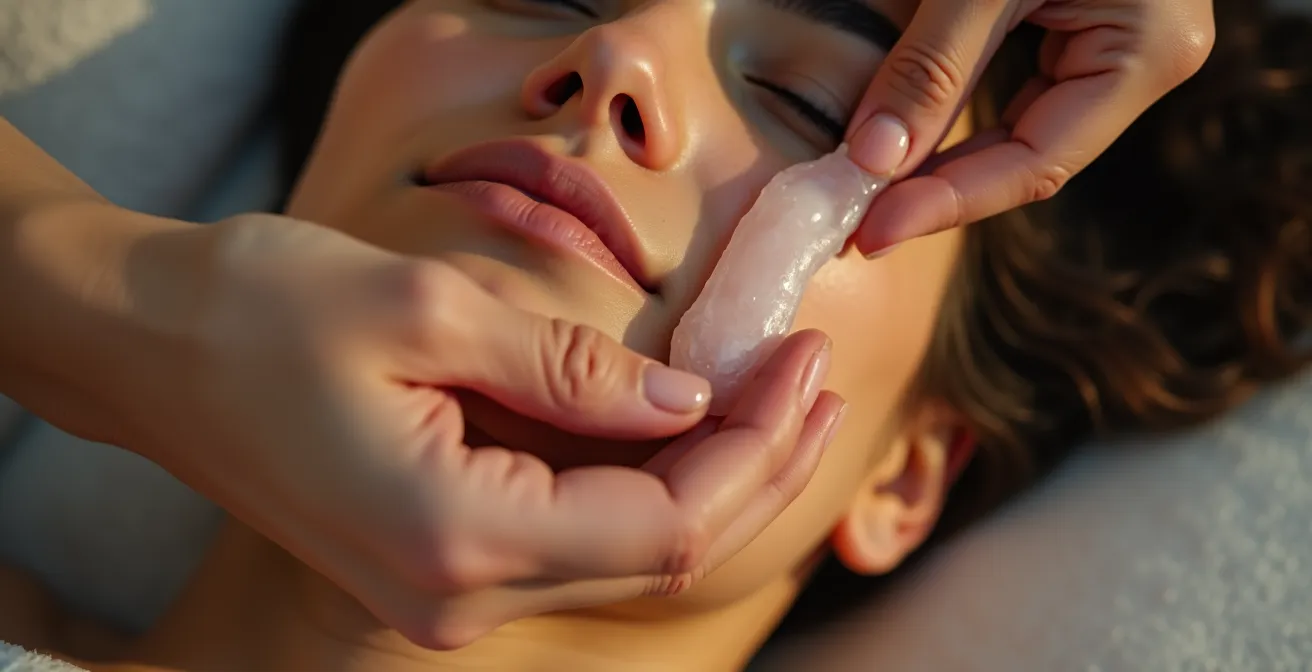 Mains pratiquant le massage Gua Sha avec pierre de jade rose sur visage