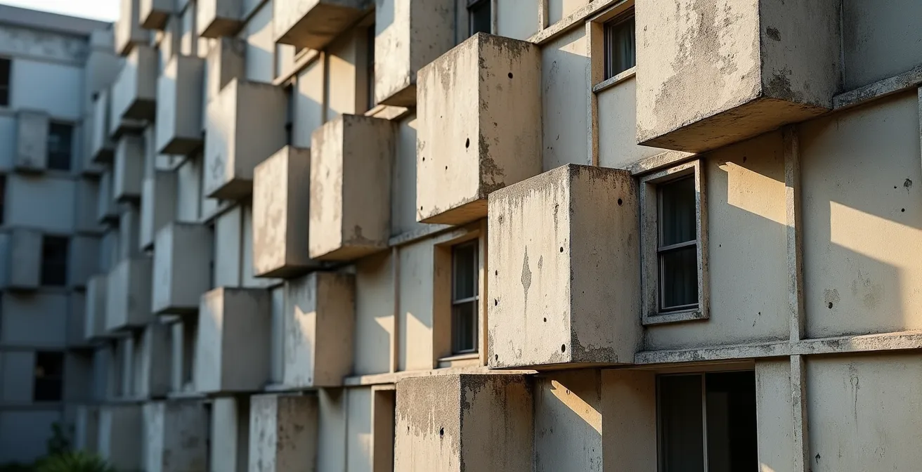 Vue aérienne d'Habitat 67 montrant l'empilement complexe des modules de béton préfabriqués