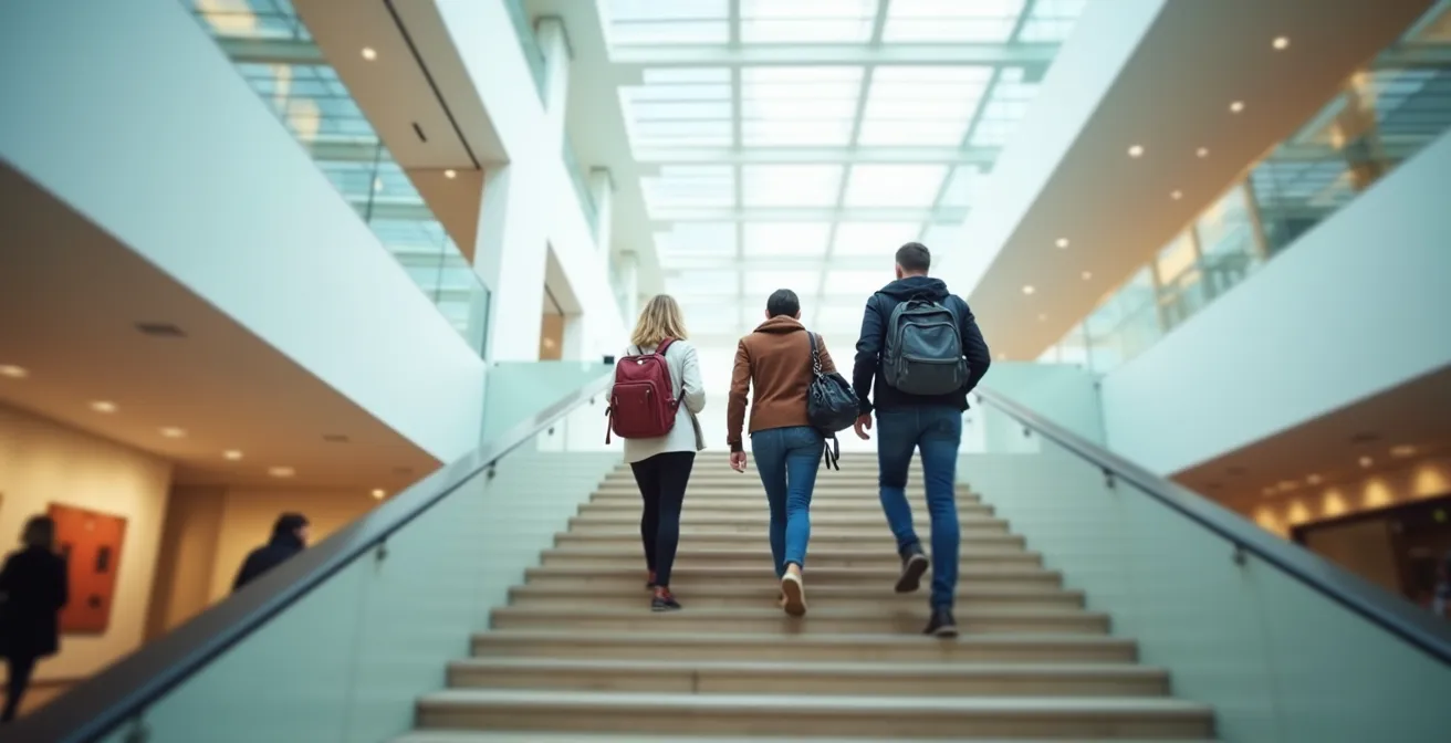 Hall d'entrée moderne et lumineux du musée avec escaliers monumentaux