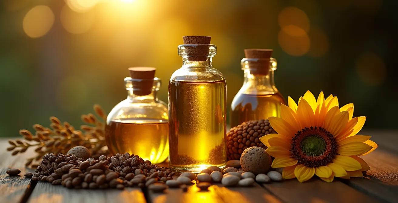 Bouteilles d'huiles végétales canadiennes disposées avec élégance