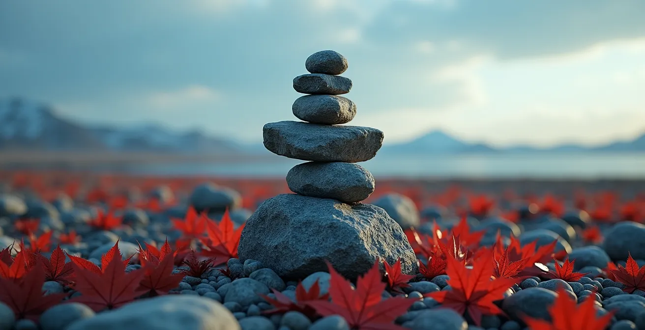 Un inukshuk de pierre avec des feuilles d'érable rouges au sol dans un paysage nordique