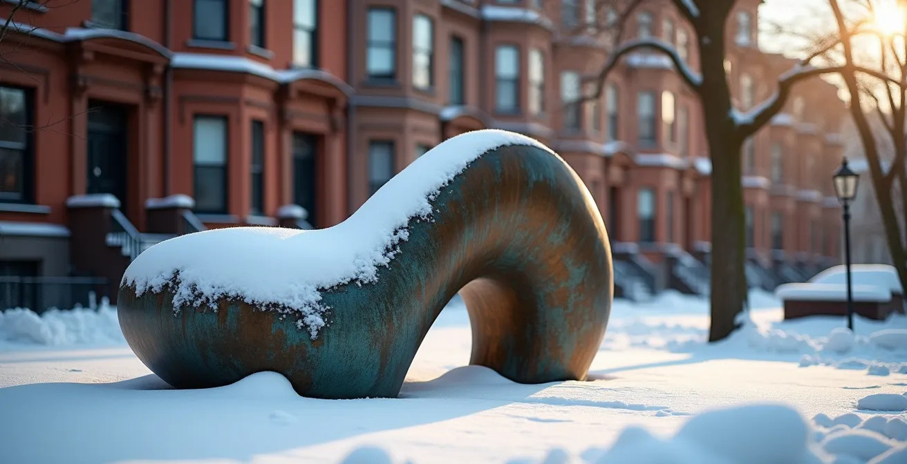 Sculpture monumentale dans la neige devant l'architecture historique du musée