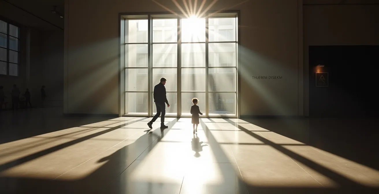 Jeu d'ombres et de lumières naturelles dans une galerie du musée créant des motifs géométriques au sol