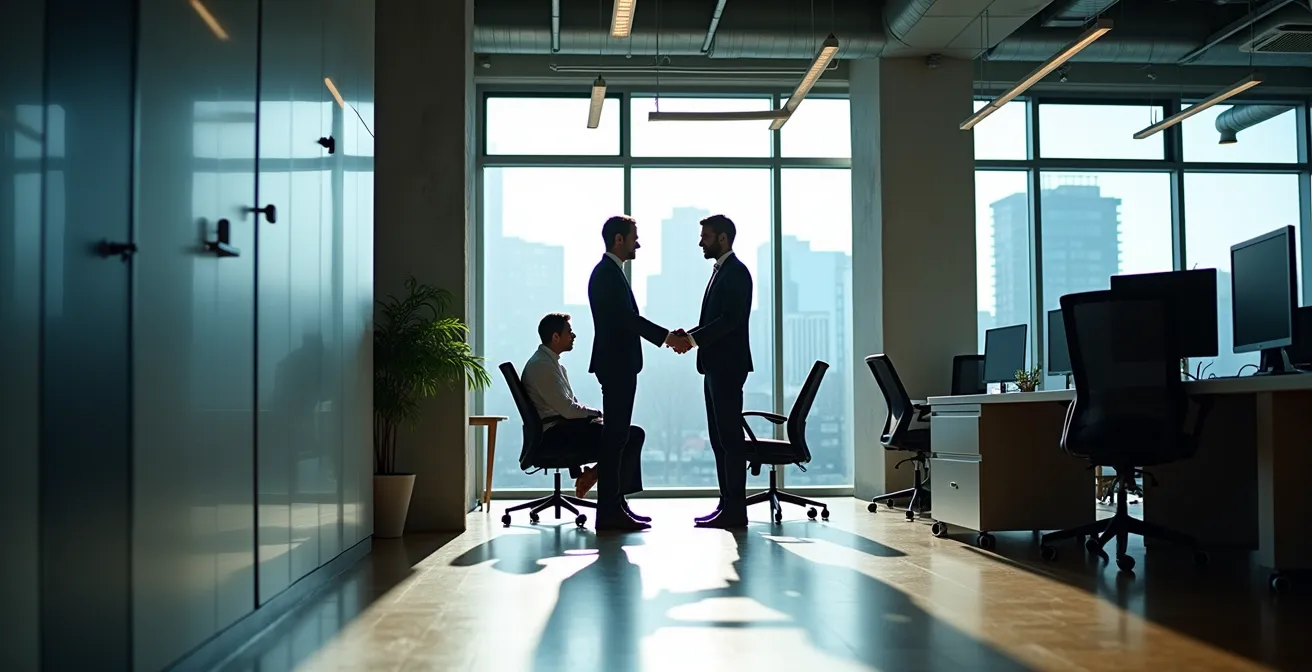 Deux professionnels en interaction dans un bureau montréalais illustrant les zones de communication non verbale