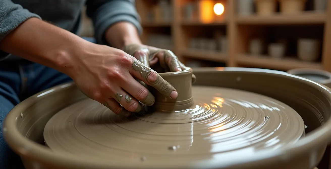 Gros plan sur les mains d'un adulte façonnant de l'argile sur un tour de potier dans un atelier lumineux du Mile-End