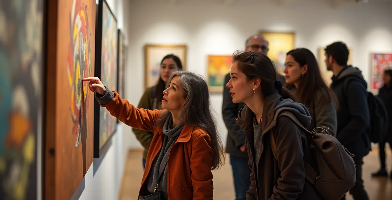 Intérieur lumineux d'une maison de la culture avec visiteurs contemplant une exposition d'art local