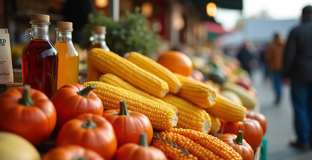Étal coloré du marché Jean-Talon avec produits québécois de saison