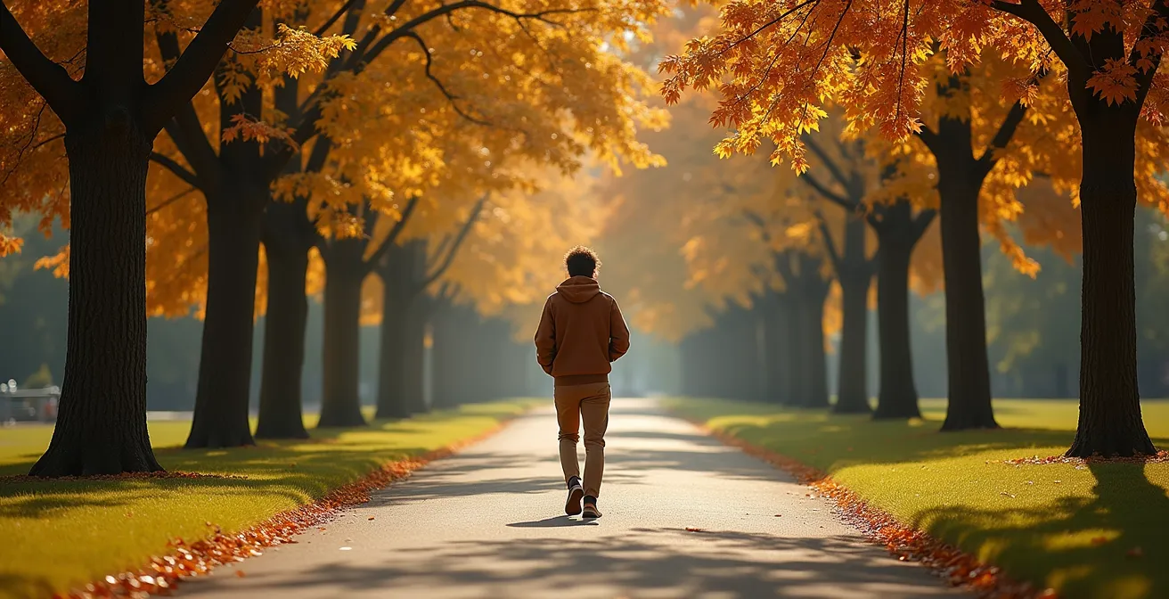 Personne pratiquant la marche méditative dans un parc urbain montréalais en automne