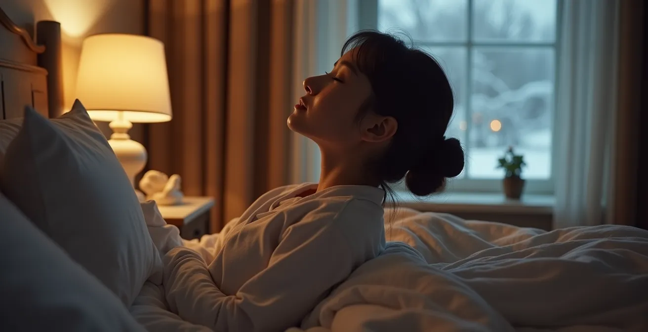 Vue de profil d'une personne pratiquant des étirements doux dans une chambre paisible au crépuscule