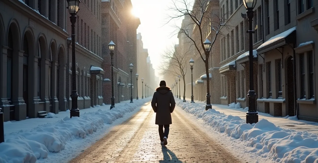Silhouette élégante marchant dans les rues enneigées du Vieux-Montréal avec une posture droite et assurée