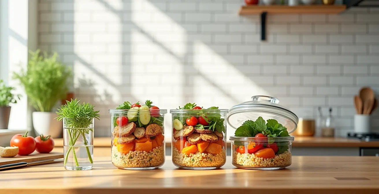 Comptoir de cuisine avec contenants de meal prep colorés et ingrédients frais locaux