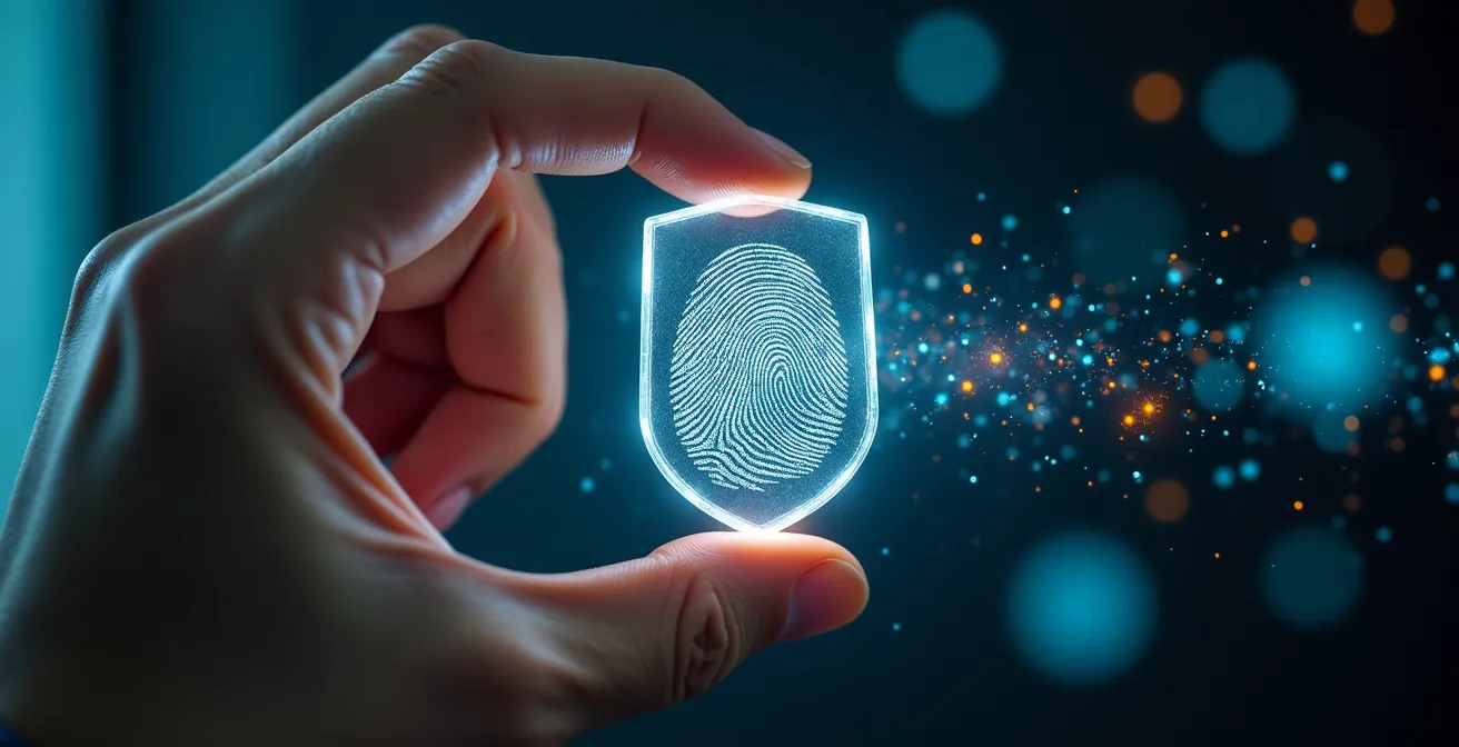 Main tenant un bouclier translucide protégeant des données personnelles symbolisées par des particules lumineuses