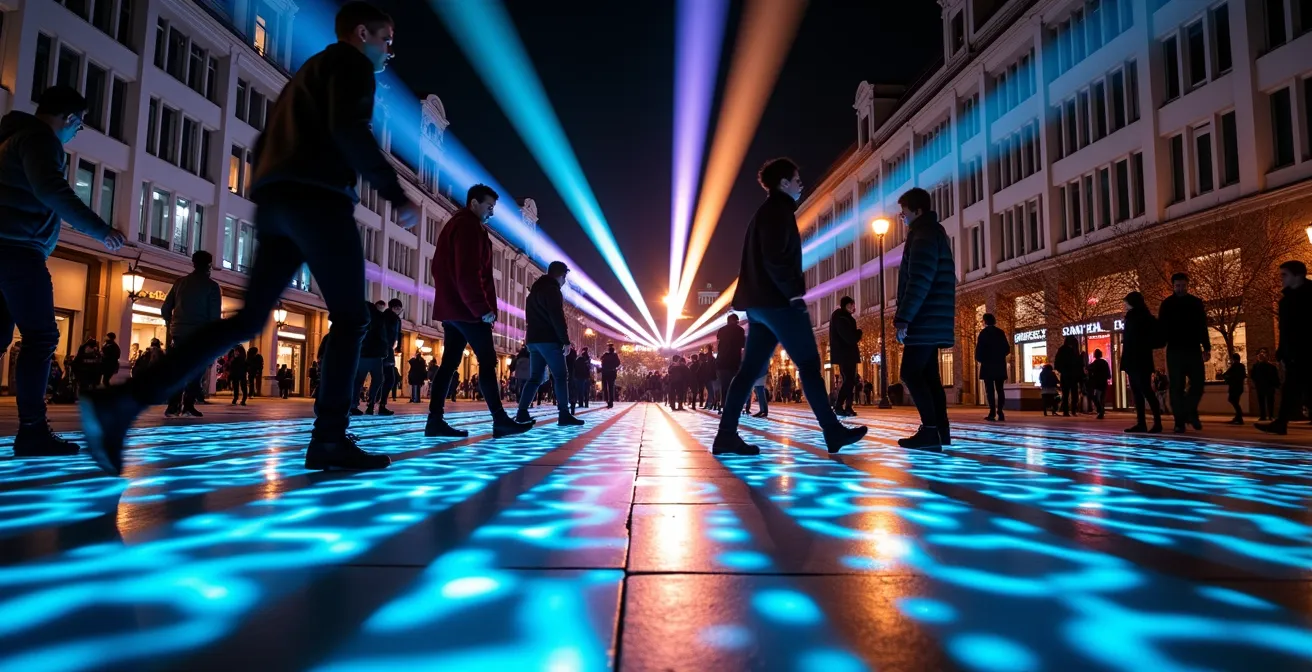 Installation lumineuse interactive avec visiteurs créant des motifs colorés dans l'espace public