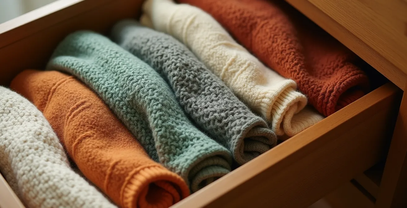 Garde-robe organisée avec rangement vertical de pulls et accessoires d'hiver colorés