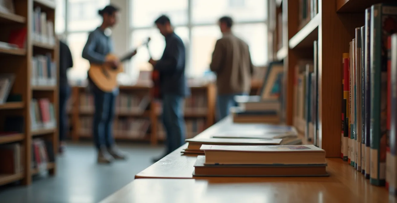 Vue intérieure d'une bibliothèque montréalaise avec des gens pratiquant diverses activités culturelles gratuites