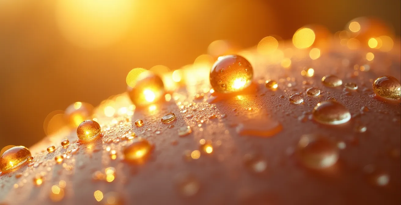 Texture macro de peau hydratée avec gouttes de sérum naturel, éclat hivernal québécois