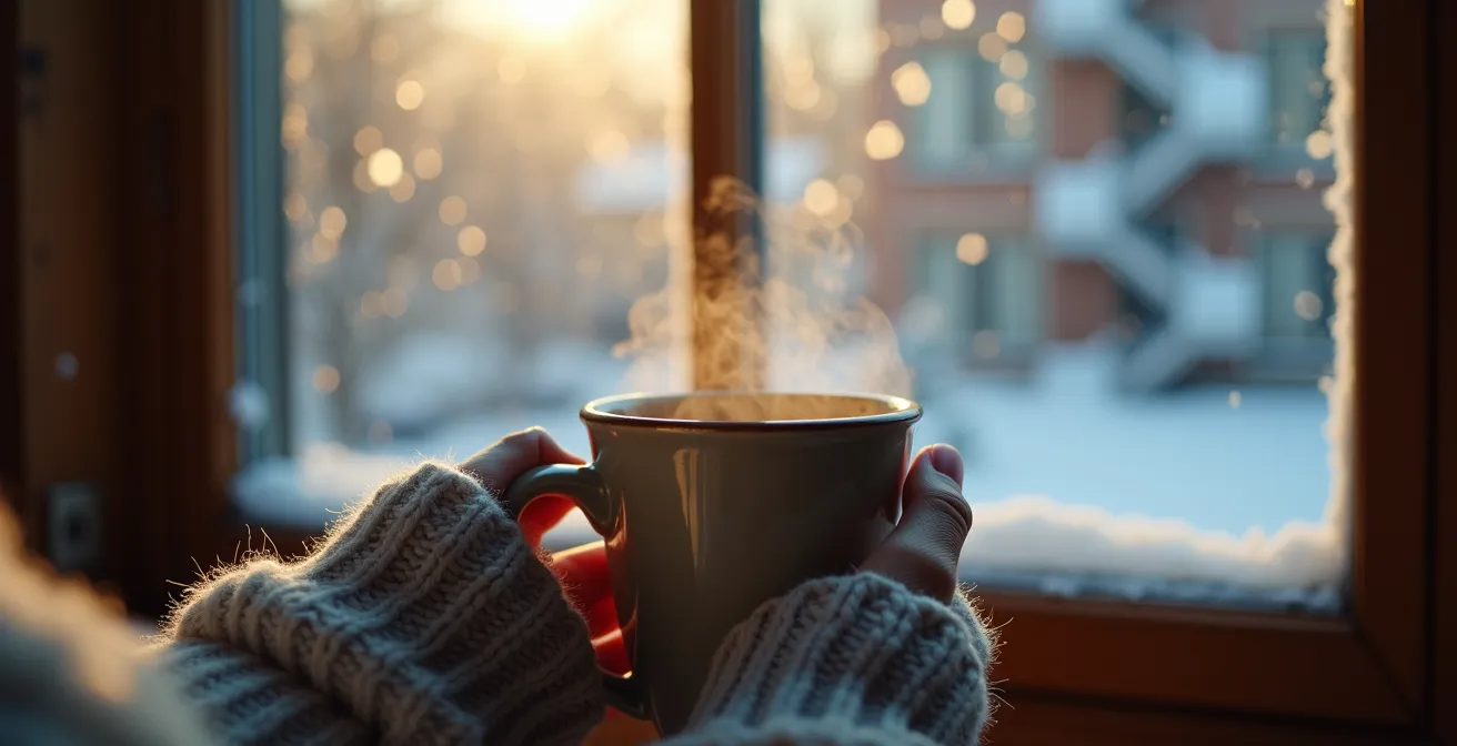 Mains tenant une tasse de café fumante près d'une fenêtre givrée avec vue sur une ruelle enneigée de Montréal