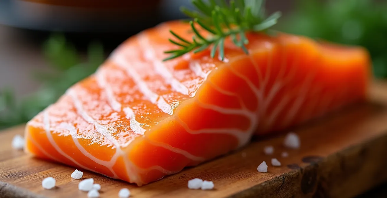 Gros plan macro sur la chair rose orangée d'un saumon sauvage du Pacifique avec planche de cèdre