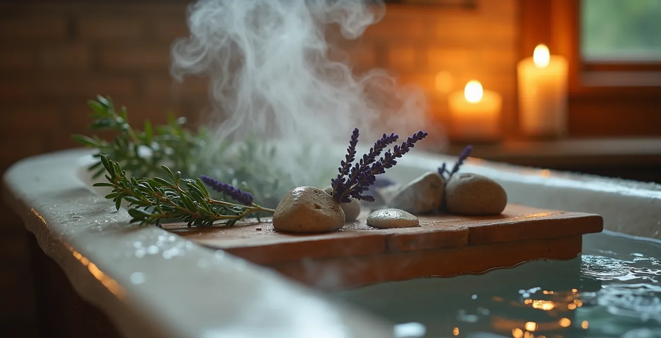 Salle de bain transformée en spa avec éléments naturels québécois et vapeur d'huiles essentielles