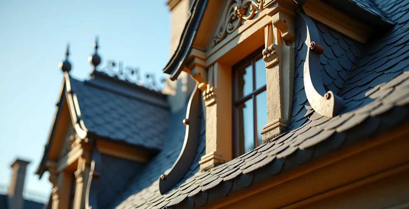 Détail architectural d'un toit mansardé Second Empire avec lucarnes ornementées et corniches en fer forgé à Montréal
