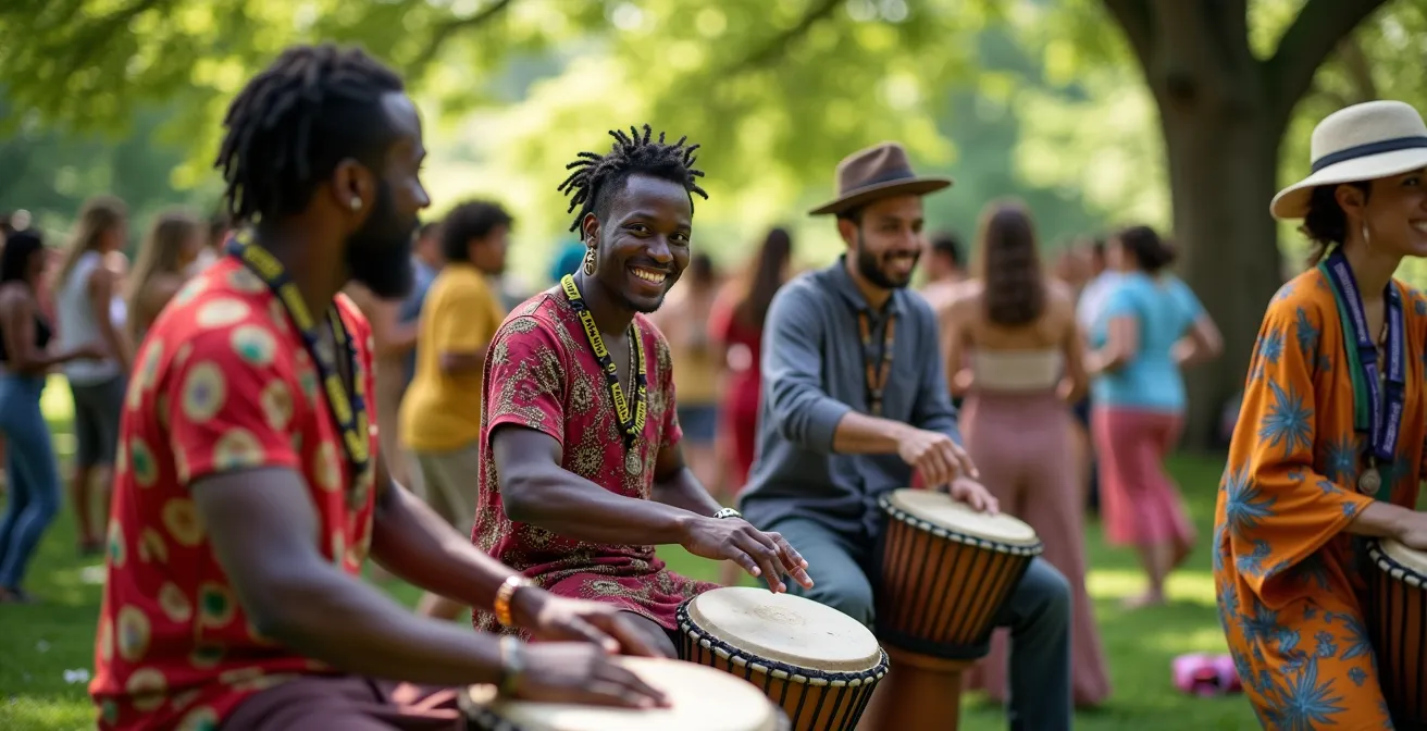 Rassemblement de percussionnistes et danseurs aux Tam-Tams du Mont-Royal par un dimanche ensoleillé