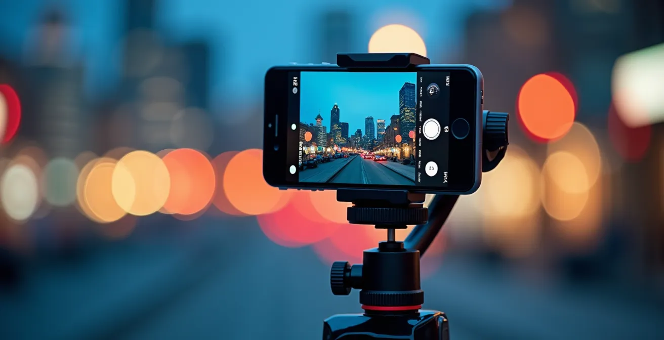 Gros plan sur un smartphone monté sur trépied capturant le panorama de Montréal avec réglages visibles