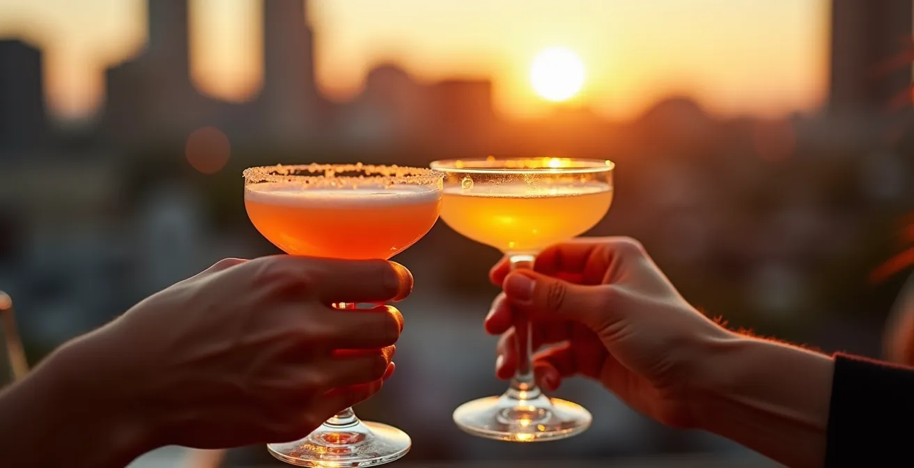 Terrasse sur le toit avec cocktails colorés et vue sur le fleuve Saint-Laurent au crépuscule