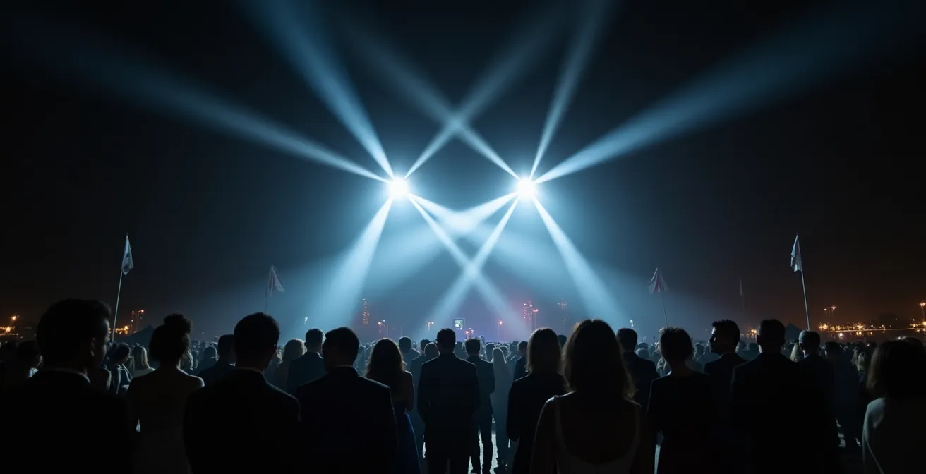 Ambiance nocturne du Festival International du Film de Toronto avec projecteurs et foule élégante