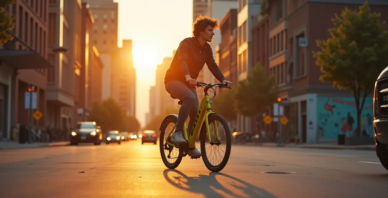 Cycliste BIXI traversant un quartier coloré de Montréal au lever du soleil