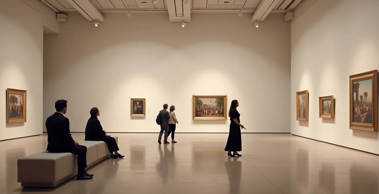 Quelques visiteurs épars dans une grande galerie de musée pendant les heures creuses